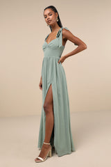 Radiant Charisma Sage Brush Chiffon Ruched Tie-Strap Maxi Dress