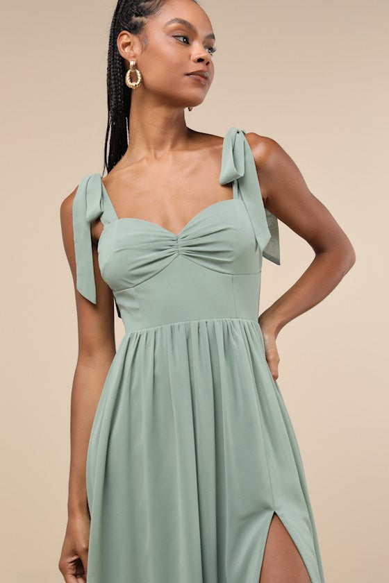 Radiant Charisma Sage Brush Chiffon Ruched Tie-Strap Maxi Dress