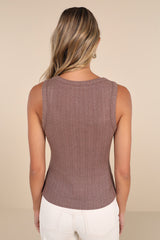 Conveniently Cute Brown Pointelle Knit Scoop Neck Tank Top