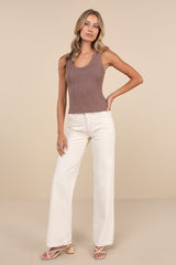 Conveniently Cute Brown Pointelle Knit Scoop Neck Tank Top