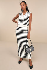 Exemplary Chicness Ivory Striped Sweater Knit Midi Skirt
