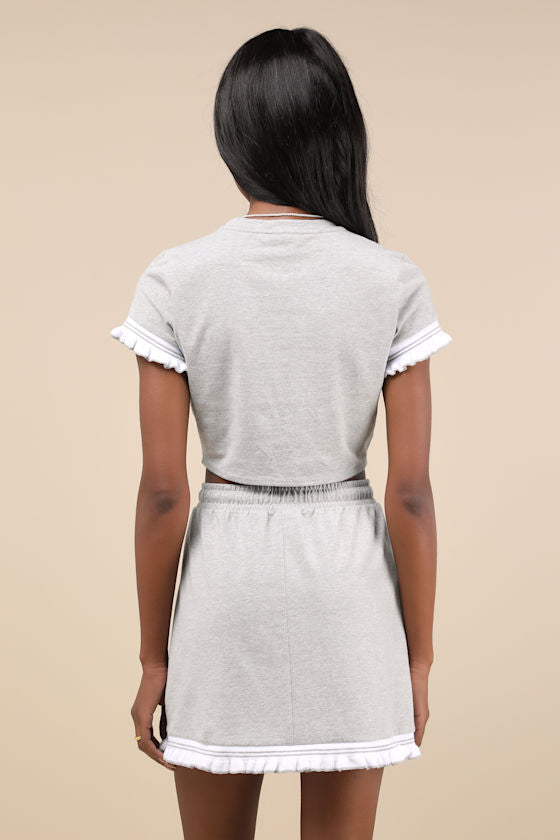 Sweet Score Heather Grey Ruffled Drawstring High-Rise Mini Skirt