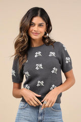 Sweet Fave Dark Grey Embroidered Short Sleeve Sweater Top
