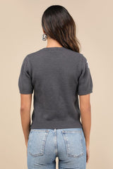 Sweet Fave Dark Grey Embroidered Short Sleeve Sweater Top