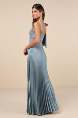 Gorgeous Purpose Slate Satin Pleated Sleeveless Bow Maxi Dress