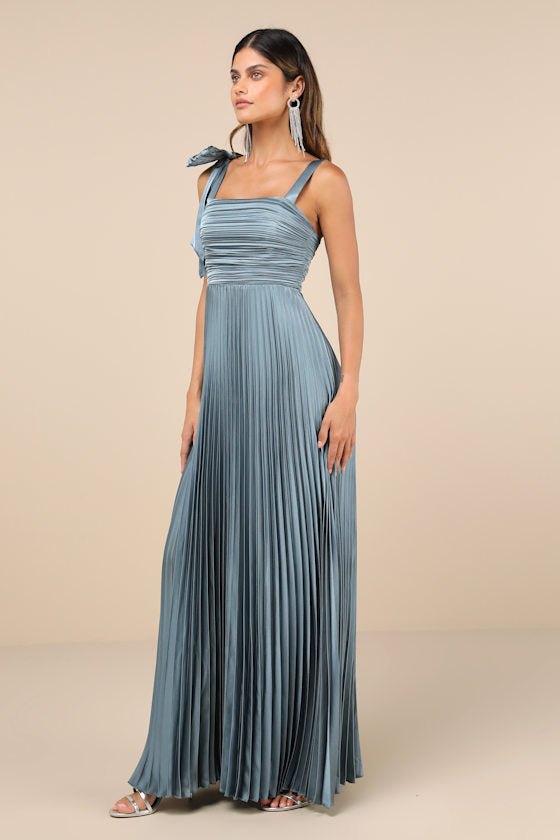 Gorgeous Purpose Slate Satin Pleated Sleeveless Bow Maxi Dress