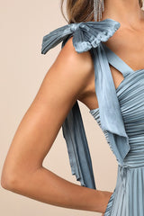 Gorgeous Purpose Slate Satin Pleated Sleeveless Bow Maxi Dress