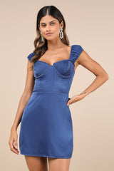 Perfected Aesthetic Cobalt Blue Satin Ruffled Bustier Mini Dress