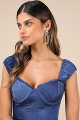 Perfected Aesthetic Cobalt Blue Satin Ruffled Bustier Mini Dress