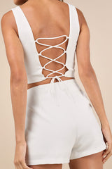 Exceptionally Styled Ivory Lace-Up Two-Piece Skort Romper