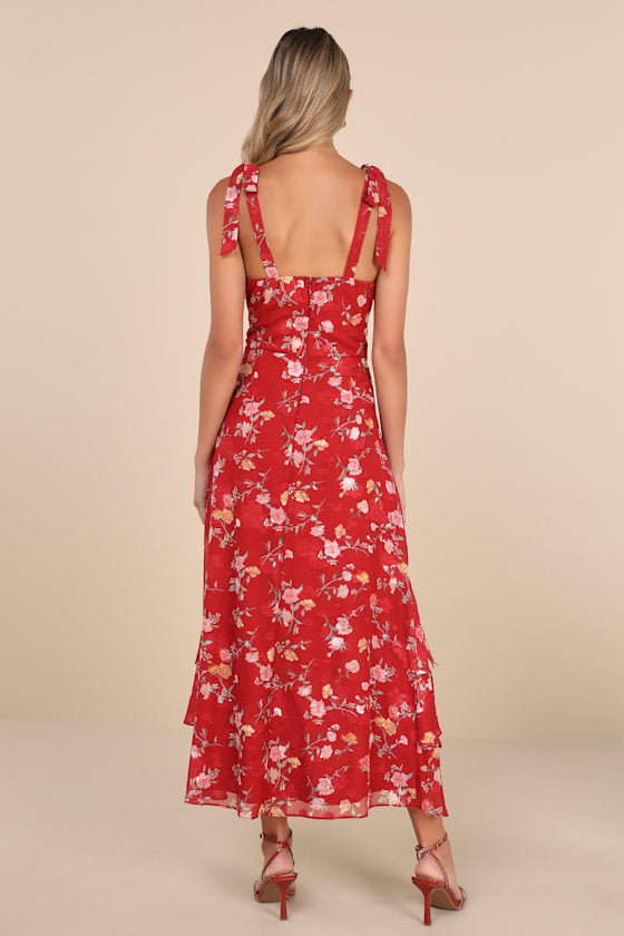 So Elevated Red Floral Jacquard Tie-Strap High-Low Midi Dress