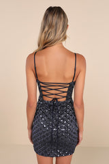 Shimmering Vibes Navy Blue Lurex Sequin Lace-Up Mini Dress