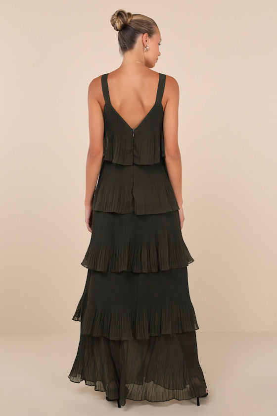 Elegant Nature Olive Green Pleated Sleeveless Tiered Maxi Dress