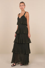Elegant Nature Olive Green Pleated Sleeveless Tiered Maxi Dress