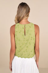 Pleasant Personality Green Floral Embroidered Crew Neck Tank Top