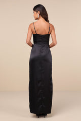 Stunning Expression Black Satin Pleated Tulip Maxi Dress