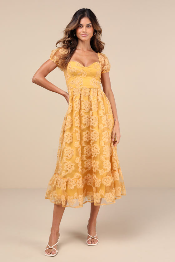 Notable Elegance Yellow Mesh Floral Applique Bustier Midi Dress