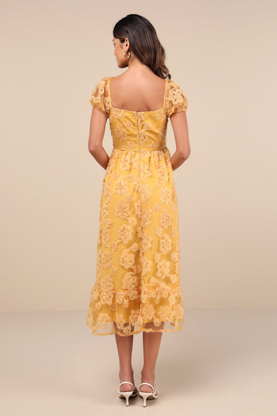 Notable Elegance Yellow Mesh Floral Applique Bustier Midi Dress