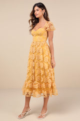 Notable Elegance Yellow Mesh Floral Applique Bustier Midi Dress