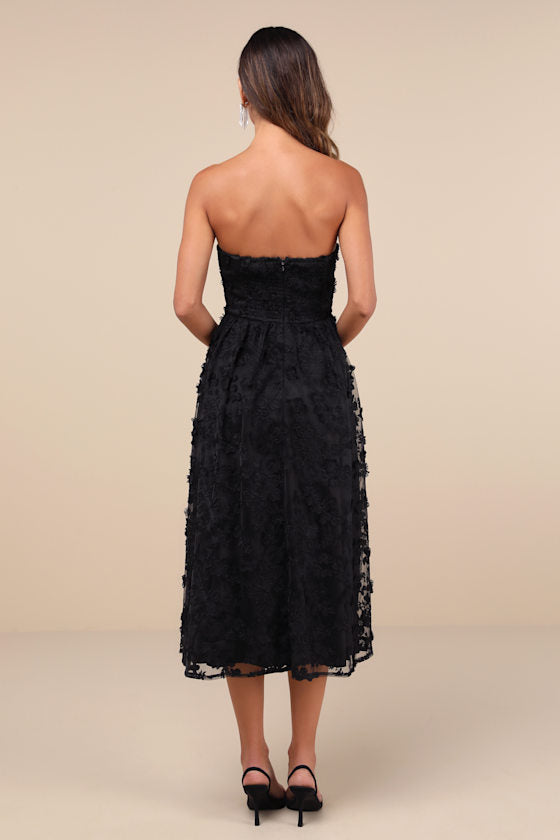 Quite Perfect Black Floral Embroidered Strapless Midi Dress