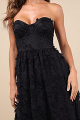 Quite Perfect Black Floral Embroidered Strapless Midi Dress