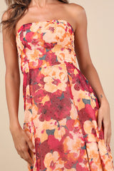 Bright Perspective Plum and Orange Floral Strapless Midi Dress