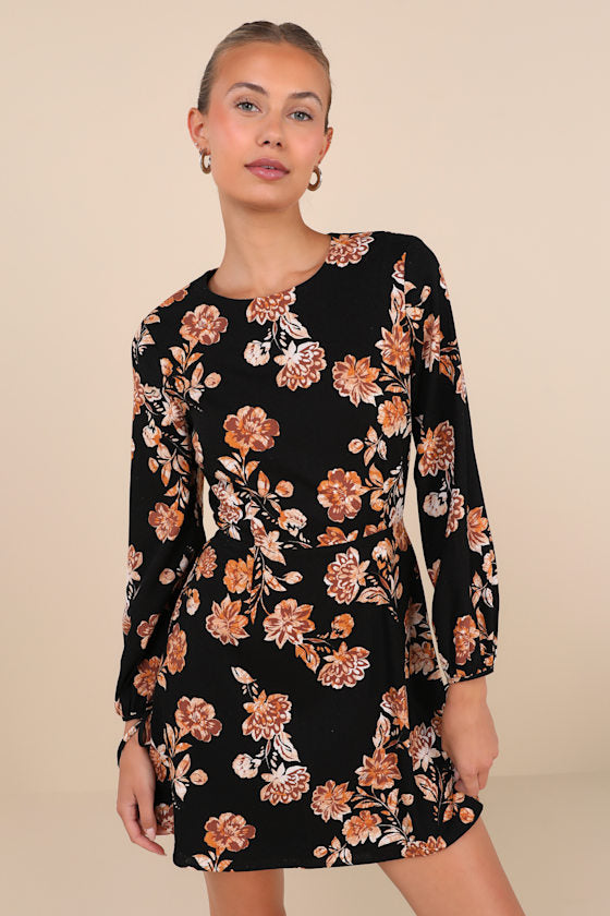 Darling Simplicity Black Floral Linen Cutout Mini Dress