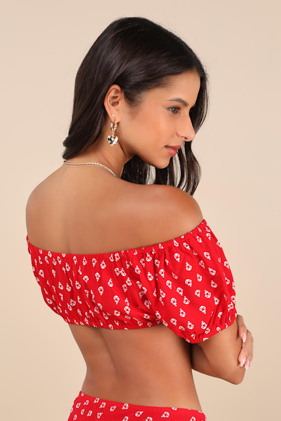 Imuna Red Anchor Print Off-the-Shoulder Crop Top
