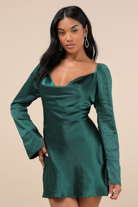 Sensational Fate Emerald Green Satin Cowl Neck Mini Dress