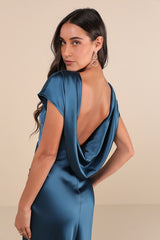 Captivating Presence Dark Teal Satin Cowl Back Maxi Dress