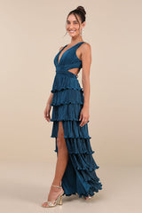 Beauty Icon Dark Teal Satin Pleated Tiered Lace-Up Maxi Dress