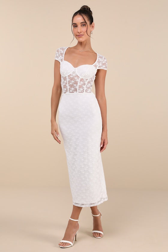 Flirtatious Presence White Sheer Lace Bustier Midi Dress