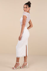 Flirtatious Presence White Sheer Lace Bustier Midi Dress
