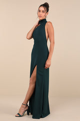 Keep It Interesting Green Asymmetrical Cutout Halter Maxi Dress