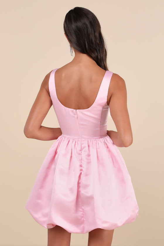 Regal Cutie Light Pink Satin Square Neck Bubble-Hem Mini Dress