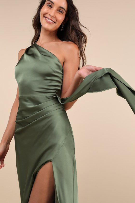 Signature Elegance Olive Green Satin One-Shoulder Maxi Dress