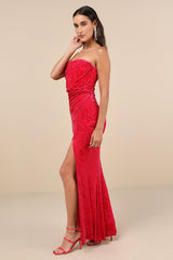 Fabulous Darling Fuchsia Burnout Velvet Strapless Maxi Dress