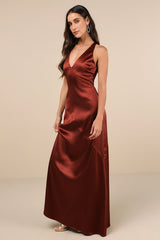 Purely Elegant Rust Brown Satin Twist-Back Maxi Dress