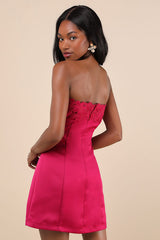 Unforgettable Icon Magenta Satin Strapless Floral Mini Dress