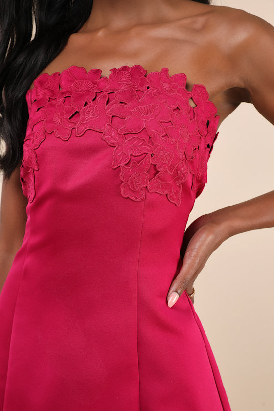Unforgettable Icon Magenta Satin Strapless Floral Mini Dress