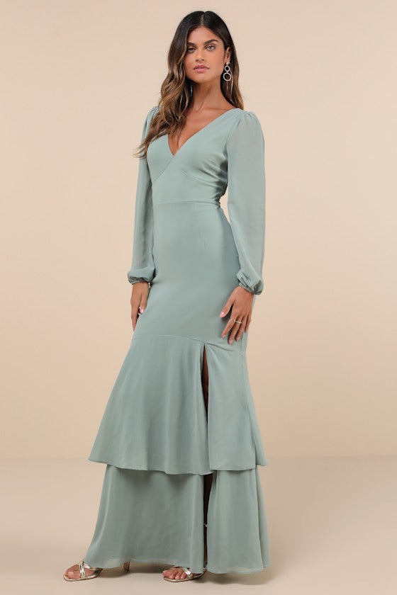 Tier Elegance Sage Brush Long Sleeve Tiered Maxi Dress