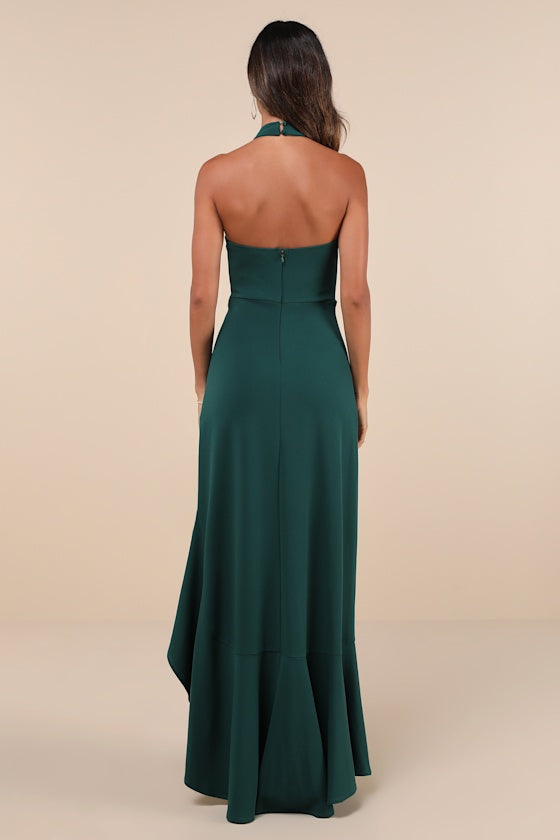 Majestic Perfection Emerald Green Ruffled Halter Maxi Dress