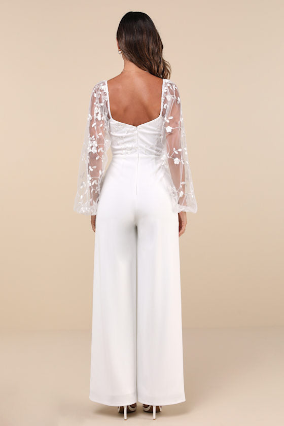 Darling Charisma White Mesh Embroidered Jumpsuit