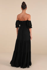 Exceptionally Gorgeous Black Chiffon Off-the-Shoulder Maxi Dress