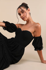 Exceptionally Gorgeous Black Chiffon Off-the-Shoulder Maxi Dress