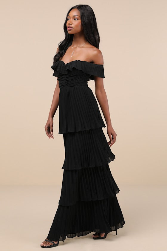 Always Remarkable Black Pleated Off-the-Shoulder Maxi Dress