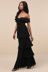 Always Remarkable Black Pleated Off-the-Shoulder Maxi Dress