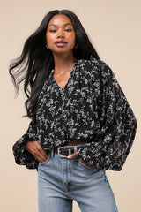 Season of Blooms Black Floral Print Balloon Sleeve Top