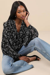 Season of Blooms Black Floral Print Balloon Sleeve Top