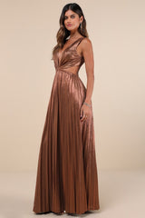 Shining Luxury Bronze Metallic Lurex Cutout Maxi Dress
